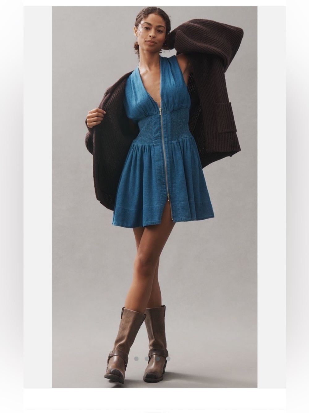 NWT Anthropologie The Tommie Cap-Sleeve Denim Smocked Front-Zip Mini Shirt Dress